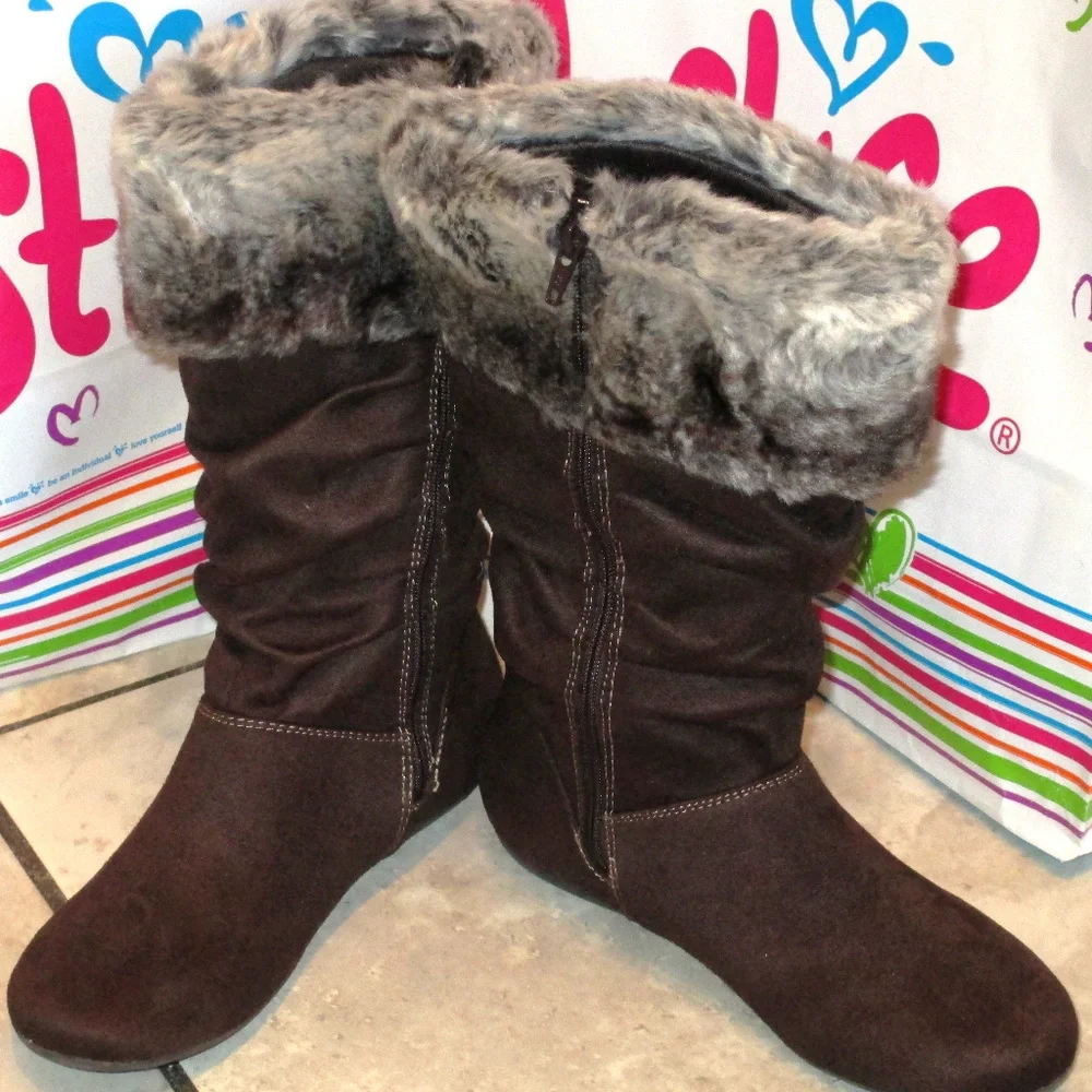 NEW Justice Faux Suede Fur Slouch Winter Boots - Picture 2 of 3